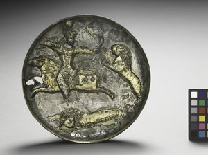 Pokrm: Král Hormizd II nebo Hormizd III Lov lvů, 400-600 (stříbrně zlacený)