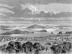 Pohled na Auckland Harbour, ilustrace z „Návratu do světa“ od School Spanish