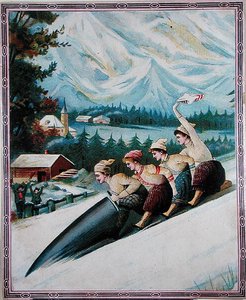 Turistické sáňkování, začátek 20. století (barevné lito) od School Swiss