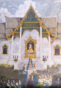 Freska s výjevem z Buddhova života, chrám Wat Phra That Doi Suthep od School Thai
