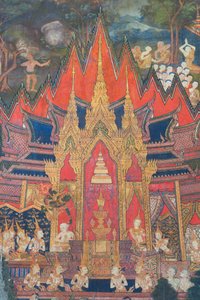 Nástěnné malby v kapli Buddhaisawan zobrazující Indru, jak sestupuje z nebes krátce po Buddhově kremaci a bere nejcennější relikvii, zub ukrytý v brahmínově chocholu. od School Thai