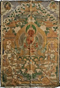 Amitabha (buddha čisté země) - tibetská malba, pigmenty a zlato na látce, konec 19. století, 74x51 cm - (Amitayus Buddha Thangka, tibetská kultura, Pigmenty a zlato na textilu, konec 19. století) - Soukromá sbírka