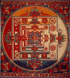 Bohyně Mandala de Vajravarami tančí (uprostřed), její jméno znamená „“adamantine laie“““. Tibet 19. století. Paříž, Musée Guimet