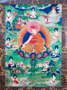 Lama Rje-grags Rtod Iha-pa-pa- dbang Graps se svatozáří a obklopený četnými mahasiddha (jogíny), žil v Indii a Tibetu (7.-11. století), Kvaš na plátně