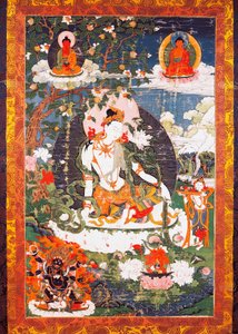 Sedící bódhisattva Avalokitéšvara Padmapani, tanka nebo thangka (buddhistický prapor), tibetská civilizace