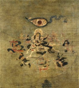 Tibetská kultura: Vaisravana Bishamonten, strážce severu. Tempera na hedvábí, rozměr : 61,5x55
