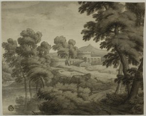 Italská krajina s hradem, stromy a vodou v popředí od School of Nicolas Poussin
