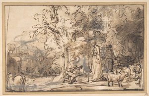 Setkání Jákoba a Ráchel u Studny, 1640-49. od School of Rembrandt van Rijn
