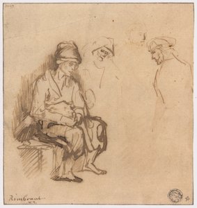Žena sedící na lavičce a tři náčrtky hlav od School of Rembrandt van Rijn