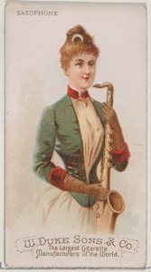Saxofon, ze série hudebních nástrojů N82 pro cigarety značky Duke, 1888., 1888. od Schumacher and Ettlinger