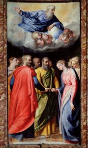 Sňatek Panny Marie Obraz Scipione Pulzone il Gaetano (1550-1598) a Giuseppe Valeriano (1542-1606) 1584-1588 Řím, kostel Gesu, kaple Madonna della Strada