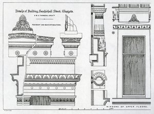 Architektonické detaily Grecian Chambers, 336-356 Sauchiehall Street, Glasgow, navrhl Alexander Greek Thomson, 1869 od Scottish School