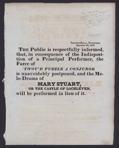 Oznámení o změně účtovaného představení v Theatre Royal, Edinburgh, 30. září 1829 (litho) od Scottish School