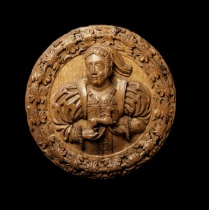 Rondel, který představuje Margaret Tudorovou, ze stropu Královské prezenční komory na zámku Stirling, 1540 (dubové dřevo)