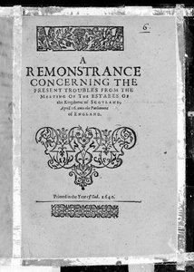 Titulní strana k protestu o současných potížích ze schůze stavů Skotského království, vydaná 1640 (tištěný papír) od Scottish School
