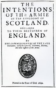 Titulní strana knihy "The Intentions of the Armie of the Kingdome of Scotland" od Alexandra Hendersona, vydáno 1640 (tištěný papír)