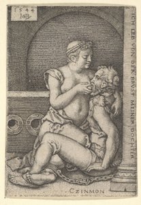 Cimon seděl proti sloupu vpravo a kojil z Pera, který klečí vedle něj, 1544. od Sebald Beham