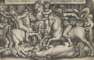 Herkules bojující proti Trojanům, z The Labors of Hercules, 1545.