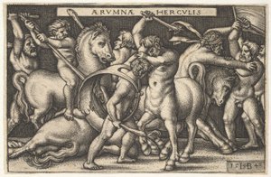 Herkules se svým kyjem uprostřed bojuje s kentaurem, další muži bojují s kentaury, aby opustili..., 1542.