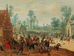 Bojující vojáci ve vesnici, kolem roku 1630.