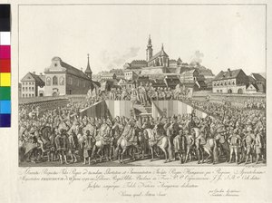 Korunovace císaře Františka II. uherským králem v Budapešti 6. června 1792 (mědirytina) od Sebastian Mansfeld