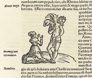 Čarodějnice vyvolává tříhlavého démona z roku 1550 vydání ‚Cosmographia‘ od Sebastiana Munstera (dřevořez)