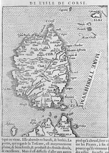 Korsika podle „Cosmographia Universalis“ od Sebastiana Munstera. Basilej 1558 od Sebastian Munster