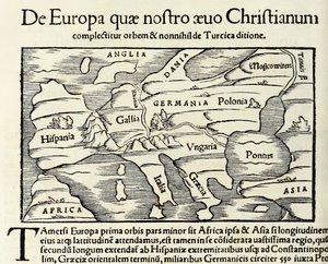 „De Europa, quae nostro aeuo Christianum“ mapa křesťanské Evropy z roku 1550 vydání „Cosmographia“ od Sebastiana Munstera (dřevořez) od Sebastian Munster