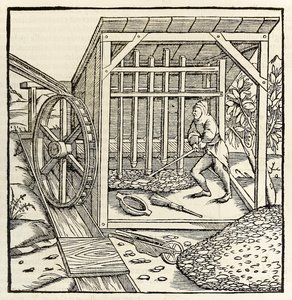 Těžba vodním kolem, z roku 1550 vydání ‚Cosmographia‘ od Sebastiana Munstera (dřevořez)