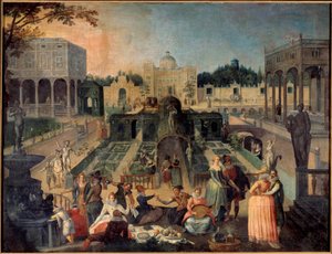 Párty v parku vévody z Mantovy Piknik, hudba, galantní scény v zahradách paláce vévody z Gonzagy (Gonzaga). Obraz Sebastiena Vrancxe (1573-1647) 17. století Sun. 1,42 x 1,88 m Rouen musee des Beaux Arts