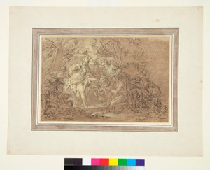 Bacchus a Ariadne c.1715 (pero a inkoust přes černou křídu na hnědém podkladu) od Sebastiano Conca
