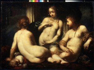 Les trois graces. (The Three Graces). Peinture de Sebastiano Mazzoni (1611-1678), vers 1650. Art florentin style baroque. Huile sur toile. Musee des Beaux Arts Pouchkine, Moscou   1323562   cs       czech Successfully Translated  Original: Tarpeia Crushed 