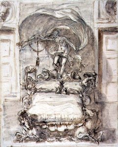 Postel s mořskými koníky a Fortune (hnědý inkoust a omývání přes křídu) od Sebastiano Ricci