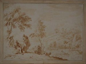 Rozsáhlá pastorační krajina s Hill-town, cca 1720 (hnědý inkoust a mytí) od Sebastiano Ricci