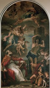 Panna ve slávě s archandělem Gabrielem, svatým Eusebiem, svatým Sebastianem a svatým Rochem (olej na plátně od Sebastiano Ricci