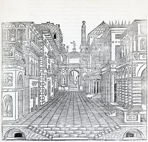 Magická scéna, návrh divadelní scény Sebastiano Serlio (1475-1554), ilustrace z Pojednání o architektuře, kniha II