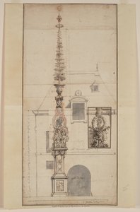 Projet de Mai des Gobelins permanent (recto) (černá křída, červená křída, pero a černá a hnědá tuš, šedý wash, na dvou spojených listech)
