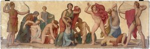 "Masakr Niobidů", kompozice z atria pompejského domu prince Napoleona, kolem roku 1860 (olej na plátně na dřevě) od Sebastien Melchior Cornu