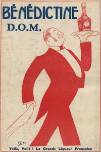 Reklama na digestiv (likér) “”Benediktin”” (D.O.M.) Kávový chlapec nese láhev na tácu. Kresba Sem (1873-1932). 1911.