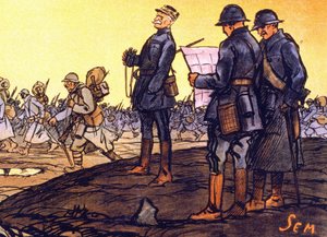 Generál Ferdinand Foch (1851 - 1929) pozoroval své jednotky pochodující bojištěm. Detail plakátu pro národní půjčku “” Na poslední čtvrthodinu... pomozte mi! Úpisy národních půjček přijímá Sem od Sem