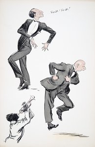 Dva muži v oblecích tančí, zatímco hudebník hraje na trubku, z hospody White Bottoms. 1927 (barevný blokový tisk) od Sem