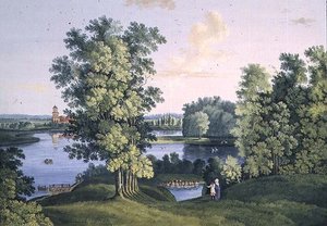 Pohled na ostrov od velkého jezera v parku v Carském Selu