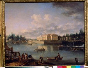 Pohled na Kamennoostrovsky palác z nábřeží Strogonov, Petrohrad. Obraz Semjon Fjodorovič Ščedrin (Semion Ščedrin) (1745-1804), olej na plátně