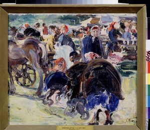 Veletrh. Zemské tržiště se selskými ženami a obchodníky. Obraz Semjona Gavriloviče Nikiforova (1877-1912), olej na plátně od Semen Gavriilovich Nikiforov