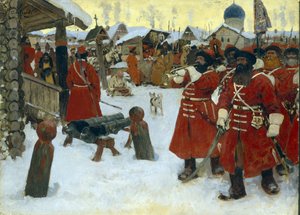 Skupina streltsy (strelets) - obraz Sergeje Vasiljeviče Ivanova (1864-1910), olej na plátně