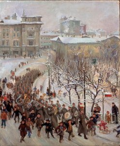 Muži Rudé armády. Přehlídka vojsk Sovětského svazu v ulicích zasněženého města za druhé světové války (1939-1945), předcházená pochodovou kapelou a doprovázená radostnými dětmi. Obraz Sergeje Ivanoviče od Sergei Ivanovich Markin