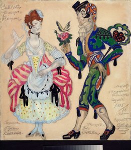 Přípravné kostýmy pro divadelní hru "Le mariage de Figaro"" od Pierra Augustina Caron de Beaumarchais (1732-1799) (Návrh kostýmů pro divadelní hru Figarova svatba od Beaumarchaise) - Dílo Sergeje Jurijeviče Sudejkina (Serge Soudeiki