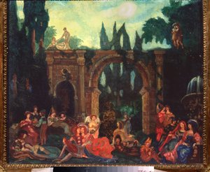 Přípravná výzdoba pro hru ""Le Decameron"" od Giovanniho Boccaccia (Jean Boccace