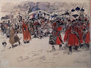 Vojsko Streltsy (nebo Strelets), ruské vojenské těleso, které existovalo od 16. do 18. století (Streltsy). Dílo Sergeje Vasiljeviče Ivanova (1864-1910), akvarel na papíře, ruské umění, konec 19. začátek 20. století. State United Art Museum, Kostroma