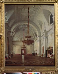 Pohled na Bílý sál Zimního paláce v Petrohradu. Obraz Sergeje (Sergei, Sergei) Konstantinoviče Zaryanka (Zarianko) (1818-1870), olej na plátně. ruské umění